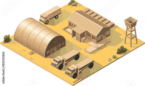 Isometric military base camp with tents, trucks, watchtower, and storage in desert environment, ideal for strategy games or logistics design.