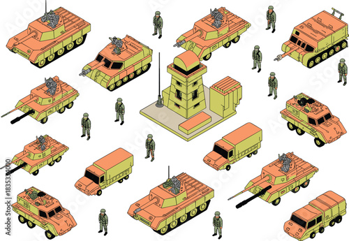 Isometric military base collection featuring tanks, armored vehicles, soldiers, tents, transport trucks, watchtower, army equipment, defense units, battlefield elements
