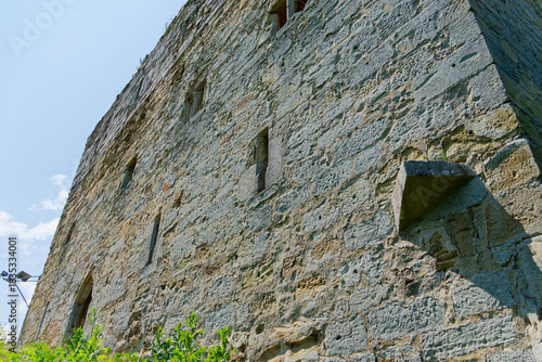 Sandstone masonry of Straufhain Castle Ruins in Thuringia Germany, detailed texture of historic walls showing weathered stone structure.