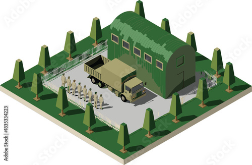 Isometric military base with soldiers, supply truck, and green barracks for logistics, defense, and army operations concept illustration.