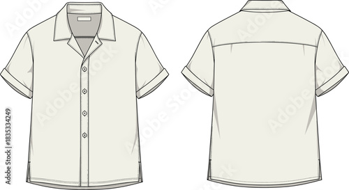 Technical flat sketch of short-sleeve button-up shirt, front and back view, fashion illustration, garment template, apparel vector, clothing mockup