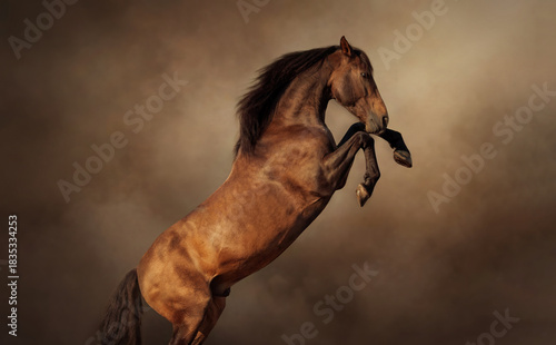 Brown andalusian (PRE) with a long, wavy mane, beautifully highlighted by dramatic studio lighting against a dark background