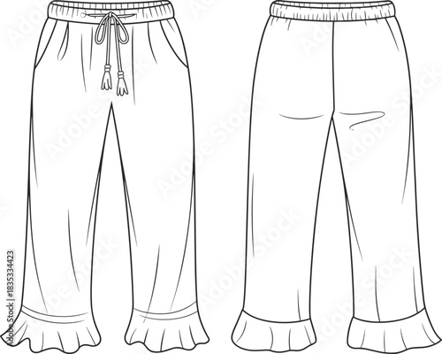 Wide leg drawstring pants with ruffle hem fashion template, front and back flat sketch, vector garment illustration for apparel design development