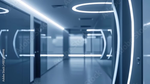 A futuristic interior hallway, in cool blue tones, with linear and curved lighting