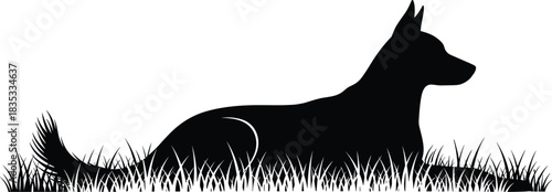 Black Silhouette Vector of a Dog Lying Relaxed in the Grass, Representing Pet Ownership, Nature, Domestic Animals, and Canine Companionship Design Elements