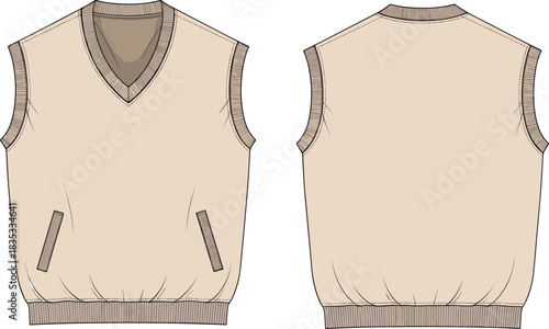 Technical flat sketch of sleeveless V-neck sweater vest, front and back view, fashion illustration, contrast ribbed trim, apparel vector, garment template
