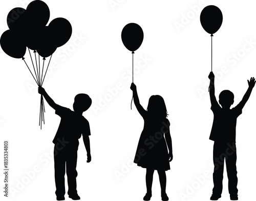 Black Silhouettes of Three Happy Children Holding Balloons High Above Their Heads, Symbolizing Joy, Freedom, Childhood Dreams, and Celebration