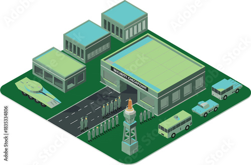 Isometric military base with tanks, soldiers, vehicles, and buildings, modern flat design illustration for defense, army, and warfare concepts.