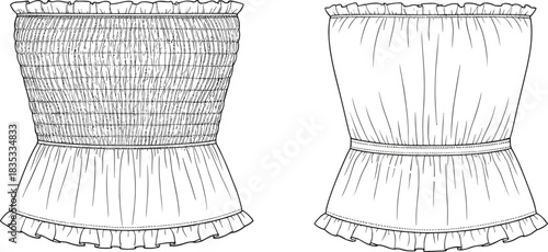 Technical flat sketch of strapless smocked top, front and back view, fashion illustration, ruffled trim detail, apparel vector, garment template