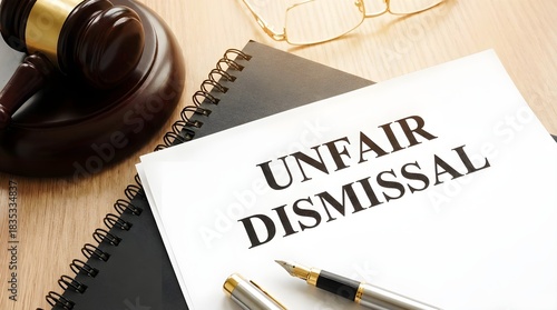 Unfair dismissal document with gavel and pen. Document titled unfair dismissal on desk. Gavel, pen, and glasses beside the legal paperwork. Employment law, justice, and legal dispute concept.