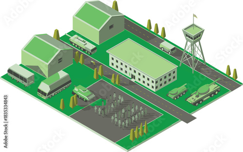 Isometric military base with tanks, soldiers, vehicles, and buildings, modern flat design illustration for defense, army, and warfare concepts.