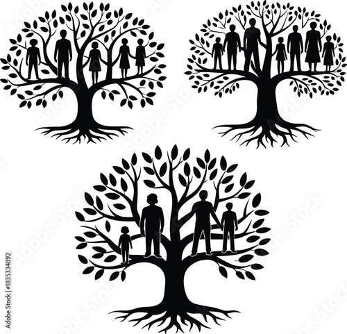 Black Silhouette Vector Icons of Families Standing on Roots of Life Trees, Symbolizing Genealogy, Heritage, History, and Intergenerational Bonding Design