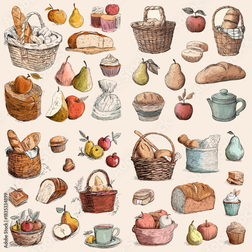 Hand drawn bakery and fruit set featuring bread, pears, apples, baskets, pies, tea cups, and rustic food elements in a warm watercolor illustration style.