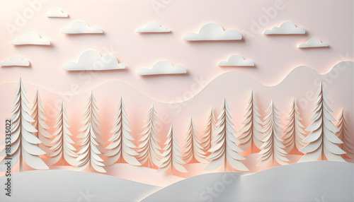  High-detail paper-cut Christmas woodland using pastel tones, stacked tree layers, soft curved snow shapes, dreamy cloud layers, and realistic paper shadows for a refined holiday design.