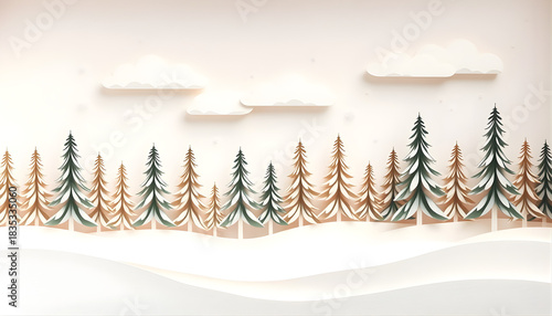  Pastel layered paper-cut winter forest with soft snow curves, stacked pine tree silhouettes, floating cloud layers, and gentle snowfall, designed with clean 3D paper shadows and smooth gradients.
