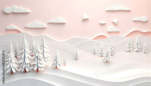  Multi-layer pastel Christmas landscape featuring snowy trees, rippled paper-cut hills, drifting cloud ribbons, and tiny snow particles, all rendered in a crisp premium paper-art style.