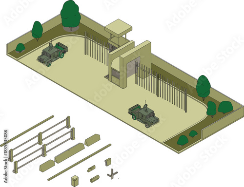 Isometric military checkpoint with armored vehicles, gate, guard tower, and modular fence components for defense, security, and border control concepts.