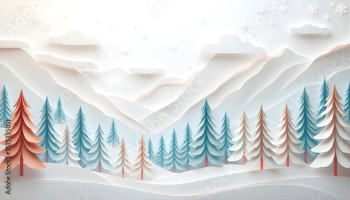  Layered paper-cut pastel winter valley with softly shaped Christmas trees, drifting cloud tiers, scattered snowflakes, and gentle 3D shadows creating a premium handcrafted depth.