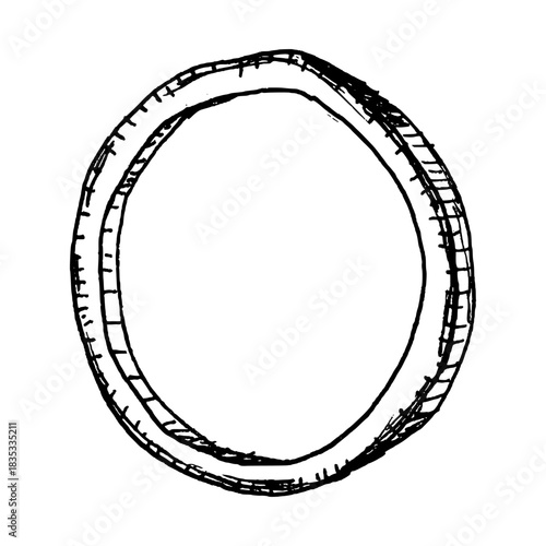 Black and white vector illustration of a single onion ring with textured outer layers. Detailed line work makes it suitable for ingredient sets, burger graphics, salad themes and pizza toppings