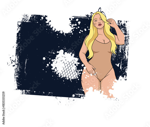 Beautiful plus size curvy model with blonde hair wearing beige bodysuit on abstract grunge ink splatter background.