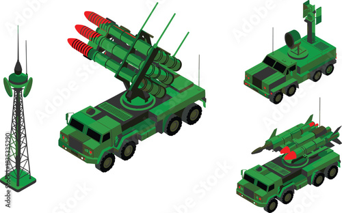 Isometric military missile system trucks, radar tower, armored launcher vehicles, defense equipment illustration, strategic weapon platforms, modern army artillery units