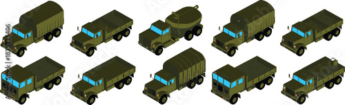 Isometric military truck collection featuring various army vehicles including fuel tankers, cargo trucks, and transport lorries for logistics.