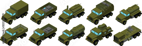 Isometric military truck collection featuring various army vehicles including fuel tankers, cargo trucks, and transport lorries for logistics.