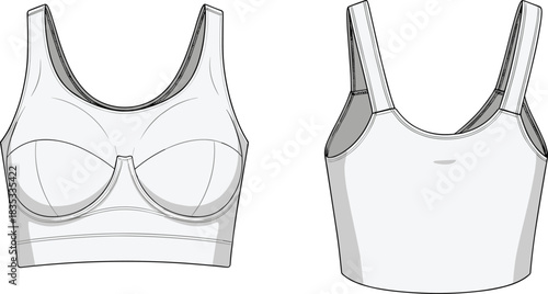 Technical flat sketch of women’s sports bra, front and back view, fashion illustration, contour seam detail, apparel vector, garment template