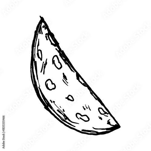 Vector drawing of a long narrow salami slice with dotted fat pattern and tapered shape. Detailed line work fits meat sets, deli compositions, pizza toppings, antipasti graphics and culinary layouts.
