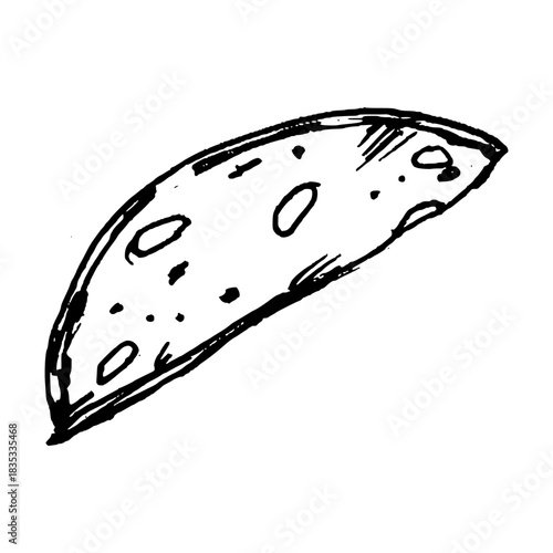 Hand-drawn vector of a thin semi-circular salami slice with visible fat dots and curved edges. Suitable for deli layouts, antipasti sets, pizza graphics, sandwiches and various cooking themes.