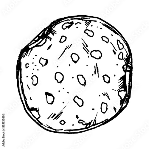 Vector illustration of round salami slice with scattered fat specks and textured edges. Clean line work makes it suitable for meat sets, deli graphics, pizza toppings, sandwich layouts, cooking theme