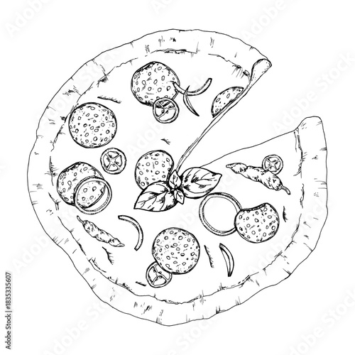Vector illustration of a pizza topped with salami slices, pepper pieces, basil leaves and onion rings. Detailed line work suits menus, Italian cuisine themes, recipe layouts and food packaging designs