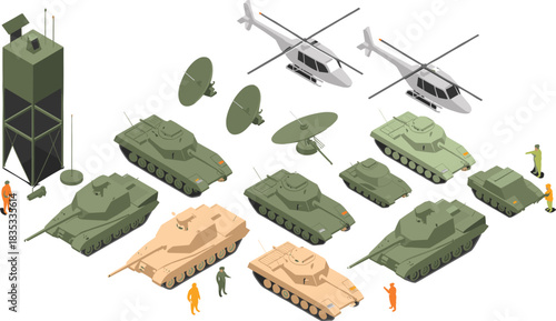 Isometric military vehicle set featuring tanks, helicopters, radar dishes, and soldiers for defense strategy, game design, and war concept art.