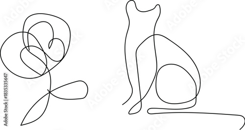 Continuous line art cat silhouette drawing. A minimalist illustration of a cat rendered in a single, unbroken line art style, showcasing elegance and simplicity.