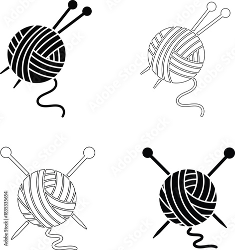 Knitting Yarn Ball and Needles Vector Icons – Wool Craft and Handmade Hobby Symbols