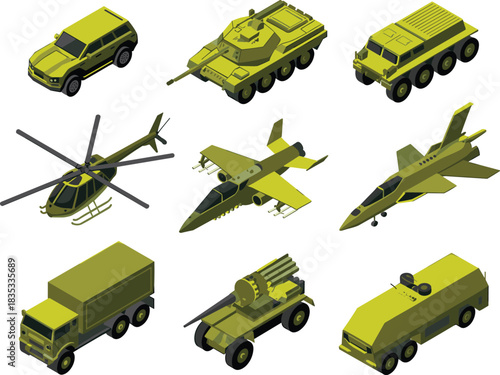Isometric military vehicle set, 3D army transport icons for game design, defense strategy, logistics, and warfare concept art