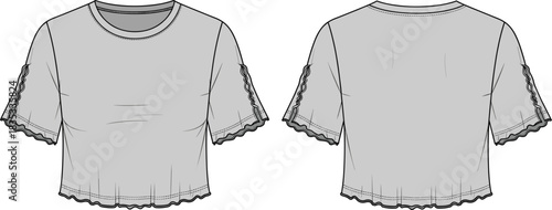Women's cropped top fashion sketch, technical garment illustration, short sleeve ruffle detail, front and back view, apparel design template, vector drawing