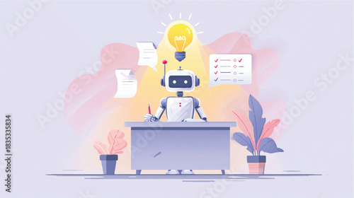 Robot taking an online multiple choice test with pastel colors