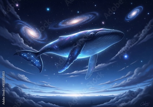 Majestic celestial whale floating among the galaxies and clouds.