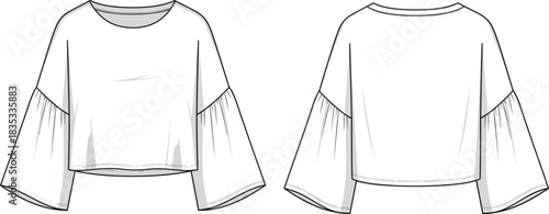 Women's cropped top fashion sketch, technical garment illustration, wide flared sleeve design, round neckline, boxy silhouette, front and back view, vector template