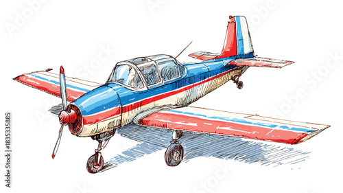 Aircraft Drawing with Red Stripe on Blue and Red Stripes Background
