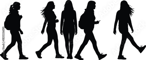 Collection of Black Silhouettes of Fashionable Women in High Heels and Short Dresses Posing, Representing Style, Glamour, Modeling, and Female Elegance