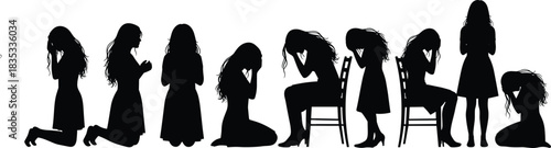Collection of Female Silhouettes Expressing Deep Emotional States Including Prayer, Grief, Sadness, and Despair, for Concepts of Loss or Mental Health