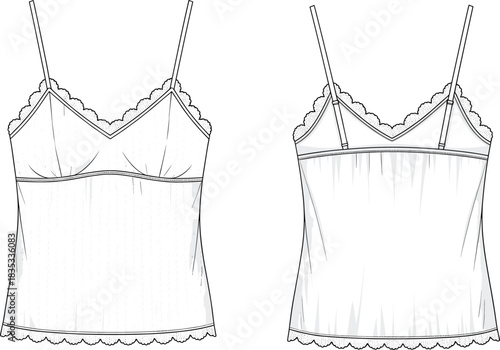 Women's camisole top sketch, technical fashion illustration, scalloped lace trim detail, spaghetti straps, underbust seam, front and back view, apparel vector