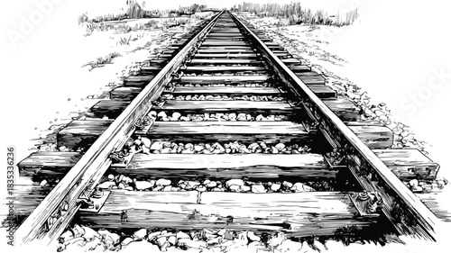Detailed Drawing of Railroad Track with Train Passing Through Center