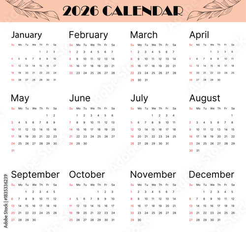 2026 Calendar, featuring a full year at a glance for easy scheduling and organization in your home or office
