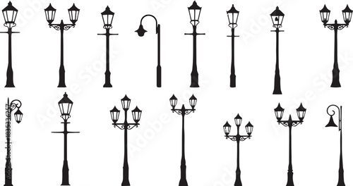 Vector collection of various street lamp silhouettes on white background