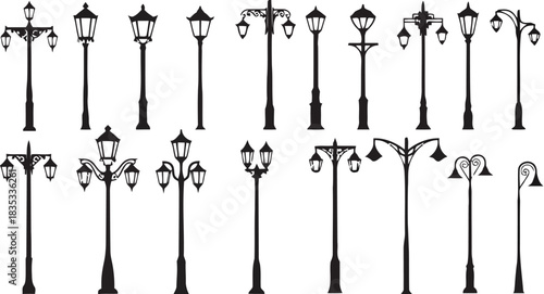 Collection of vintage street lamp silhouettes for architectural or urban design