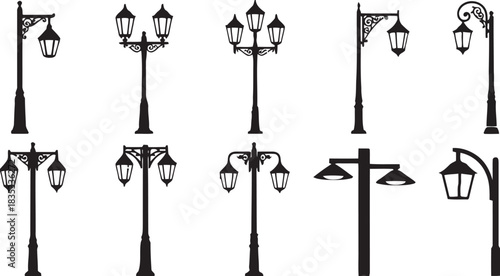 Collection of vintage street lamp silhouettes on a white background