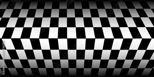 Retro perspective background stage with a black and white checkered floor, featuring vintage chess board style. Fading away vanishing checkerboard texture. Abstract vector illustration pattern surface